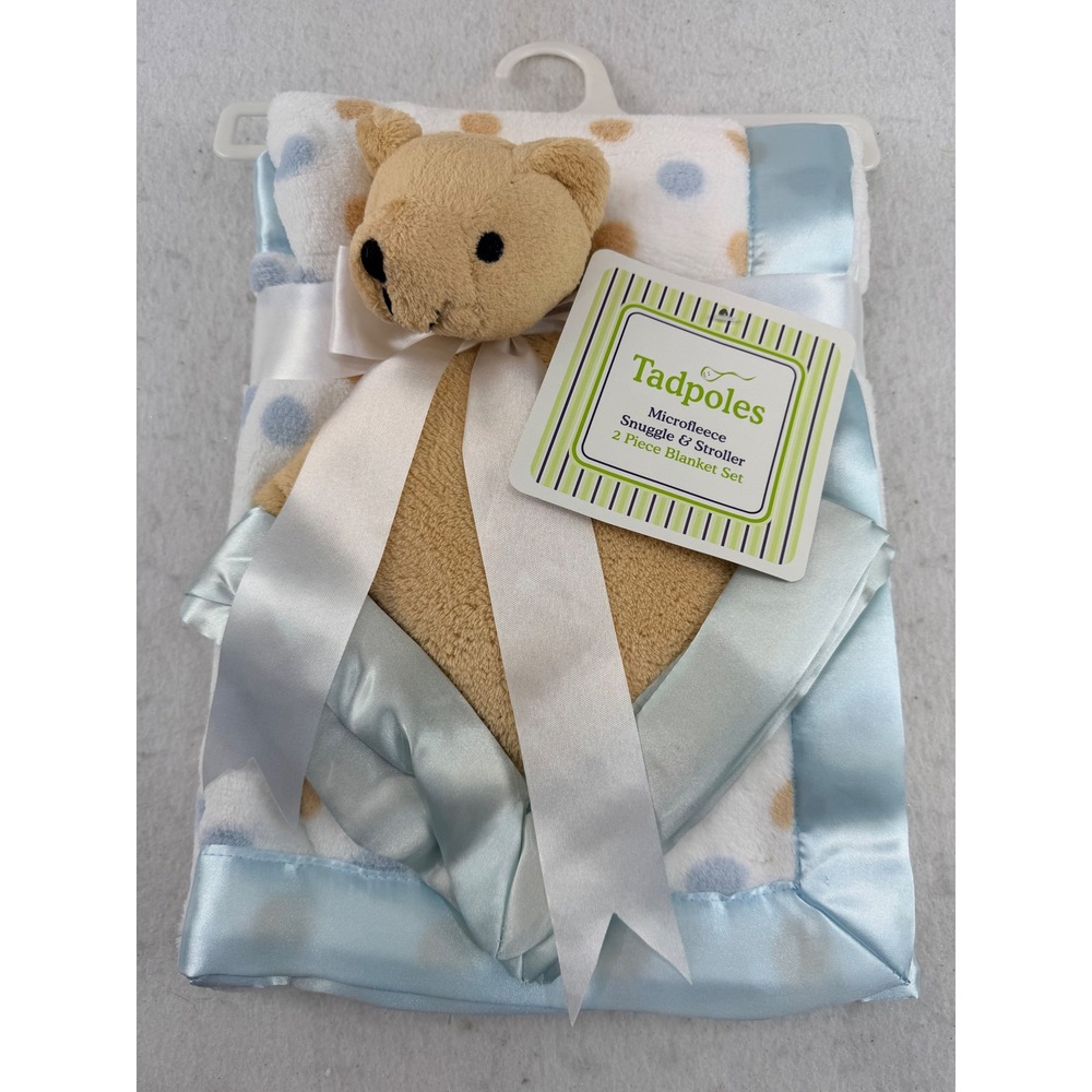 Tadpoles Microfleece Snuggle & Stroller 2 Piece Blanket Set Blue Polka Dot Bear